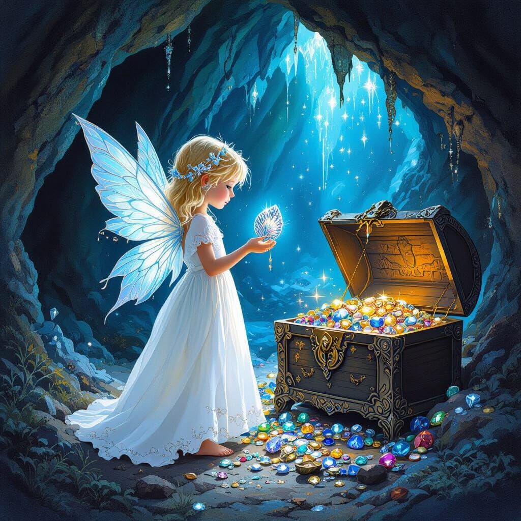 Fairy Girl with Treasure in Mystical Cave