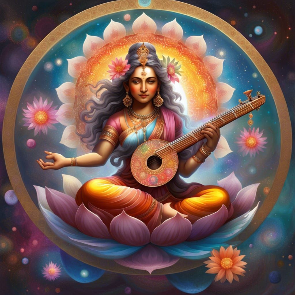 Goddess Saraswati on Lotus Mandala with a Yogic Cosmic Manda...