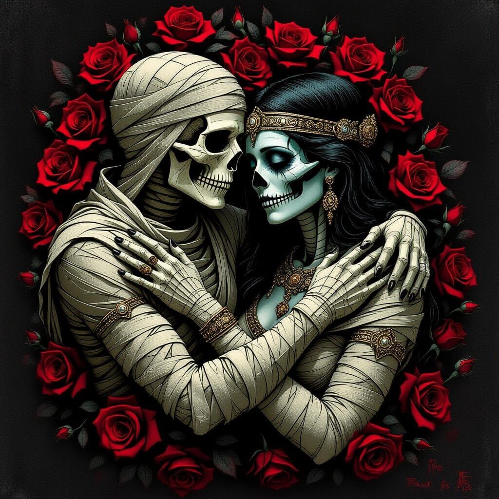Gothic Horror Mummies Embrace Amidst Red Roses