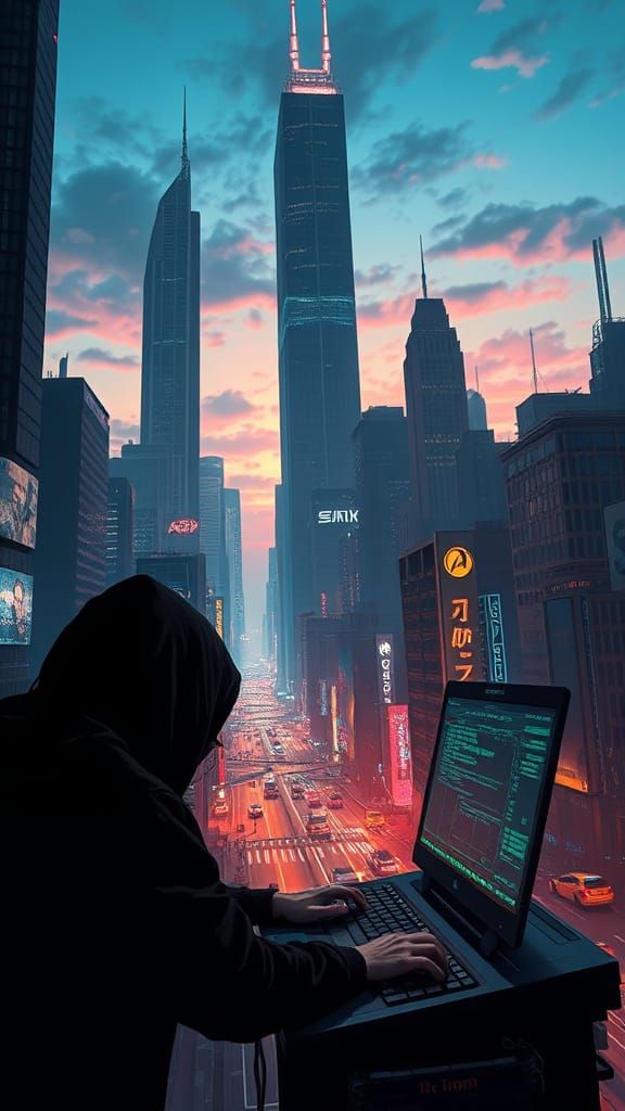 Cyberpunk Hacker in Neon Cityscape
