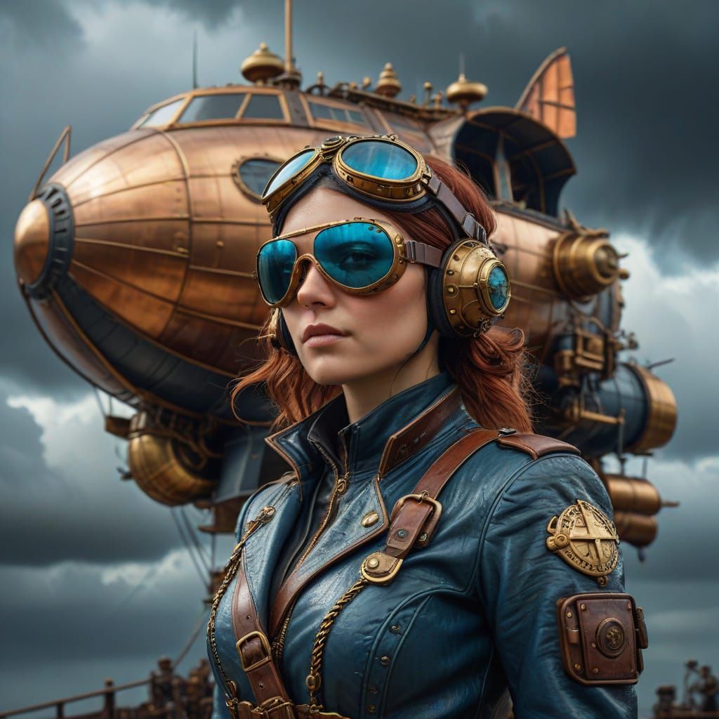 Steampunk Aviator and Airship in Victorian Style