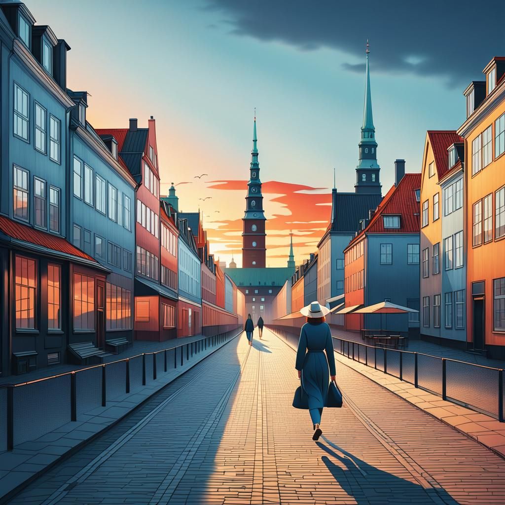 Copenhagen Skyline with Scandinavian Woman: Abstract Art