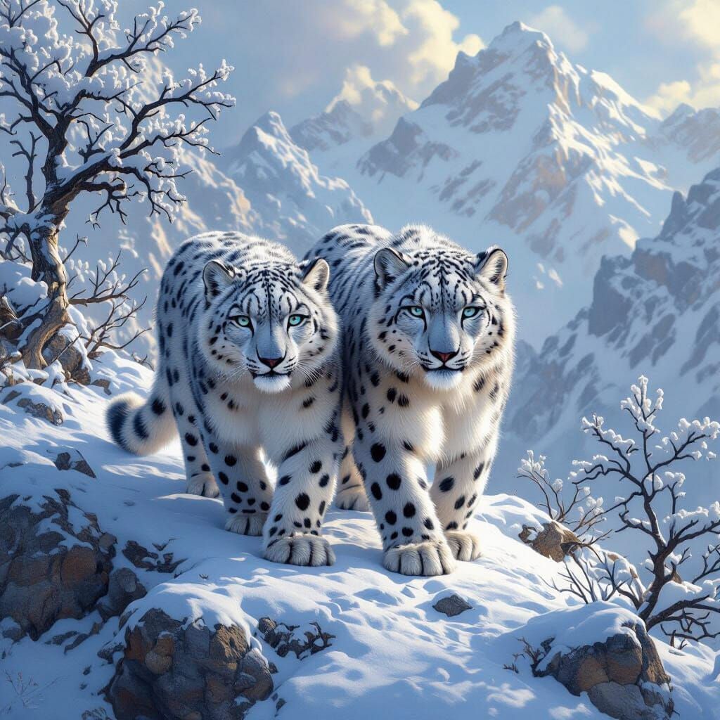Snow Leopards on Snowy Mountain Peak in Photorealistic Style