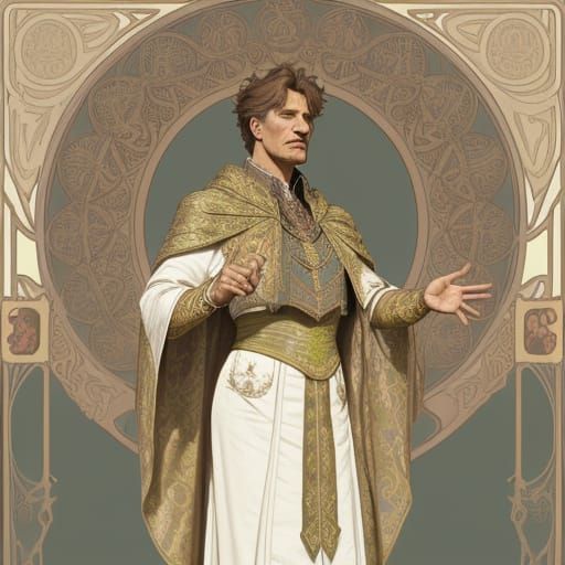 Heroic leader, textured BROCADE cloak, speaking in field, Alphonse Mucha, Paul Fragonard