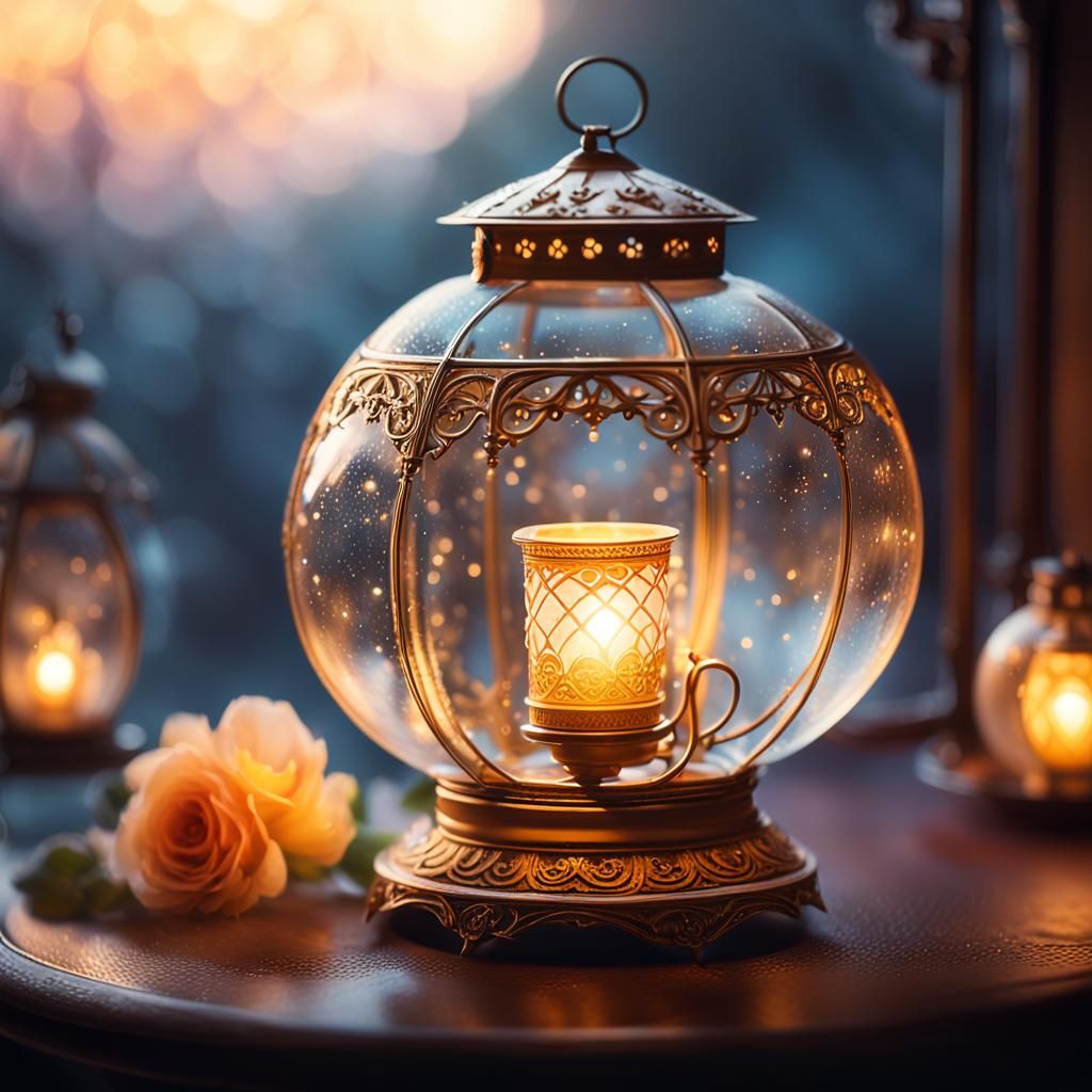 Glowing Lantern in Glass Globe with Misty Air