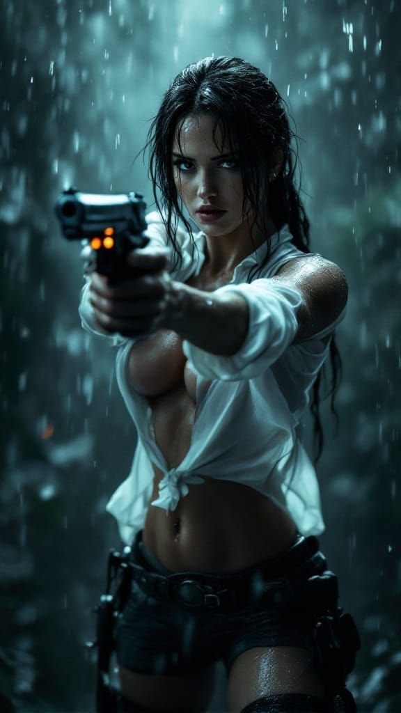 Gritty Lara Croft Emerges from Darkness in Cinematic Rainy S...
