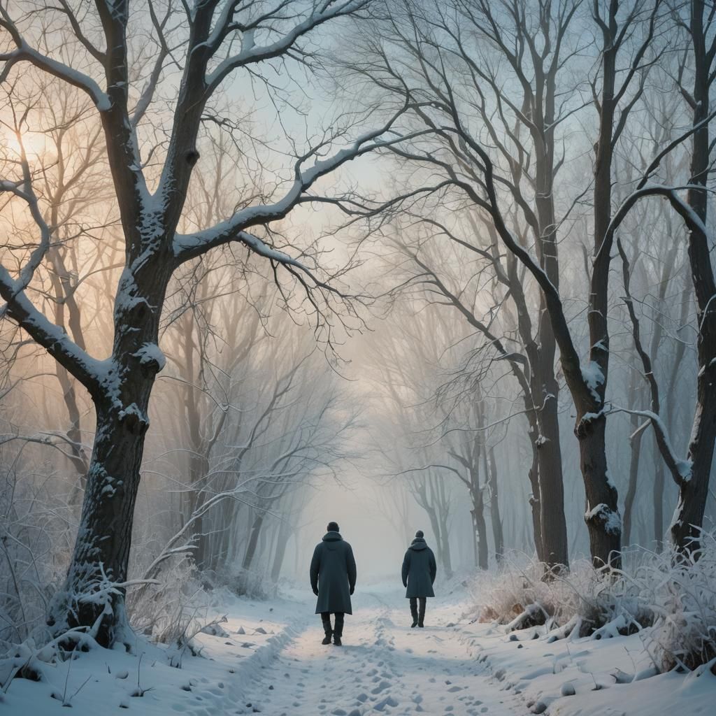 Winter Landscape: Lone Walker in Snow-Covered Forest