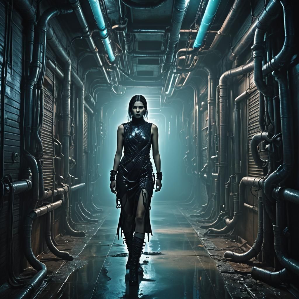 Eerie Neon Corridor in Dark Surrealism Style