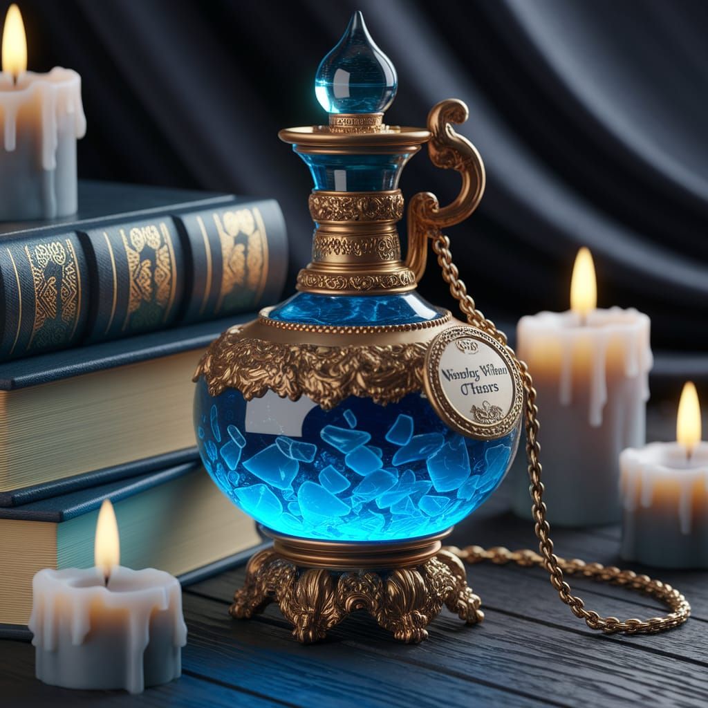 Golden Potion Bottle in Enchanted Study Setting