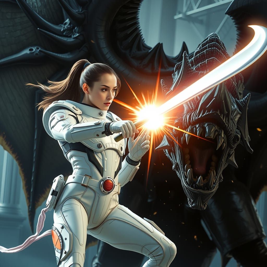 Woman Hurls Light Lance Through Shadowy Monster