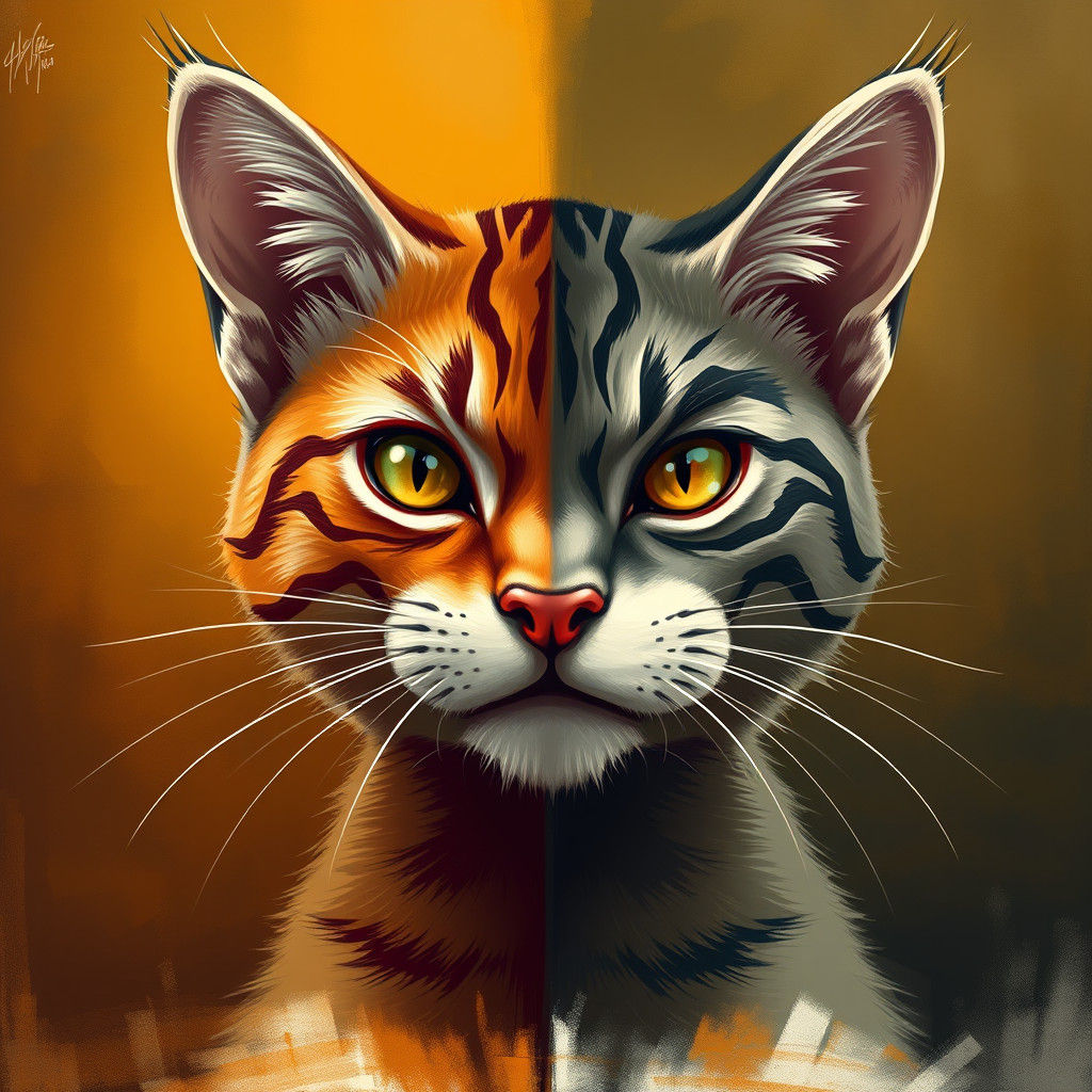 Two-Faced Cat Portrait in Surrealist Style
