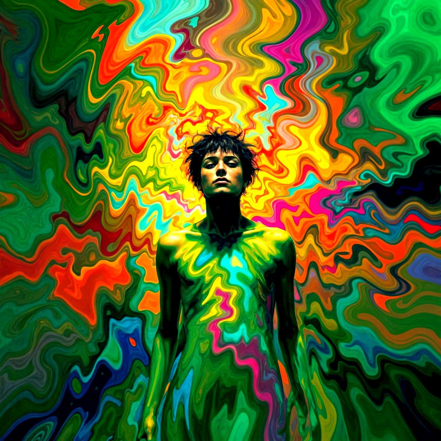 Disoriented Figure in Dreamlike Abstract Expressionist Scene