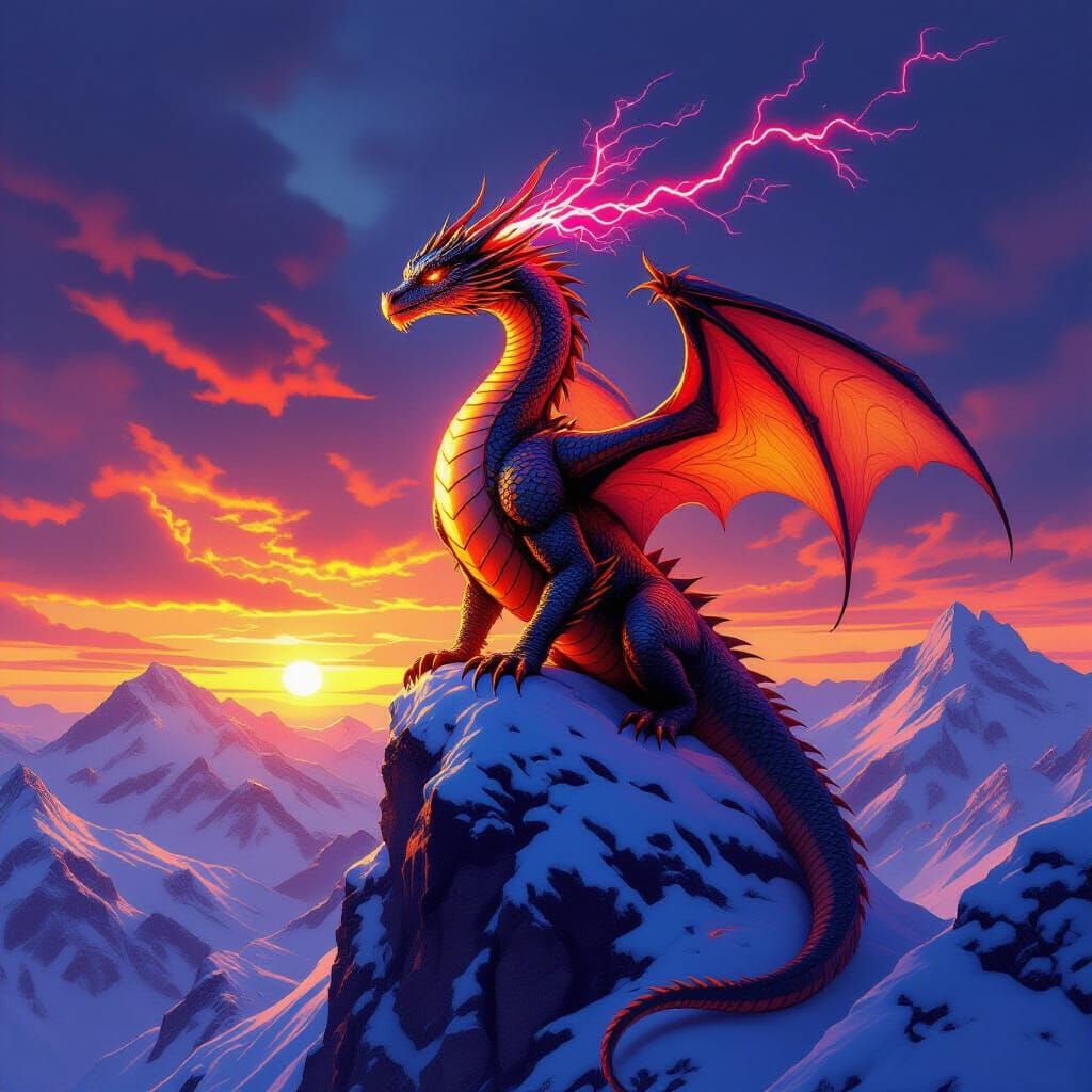 Majestic Dragon with Neon Aura on Snowy Peak at Sunset