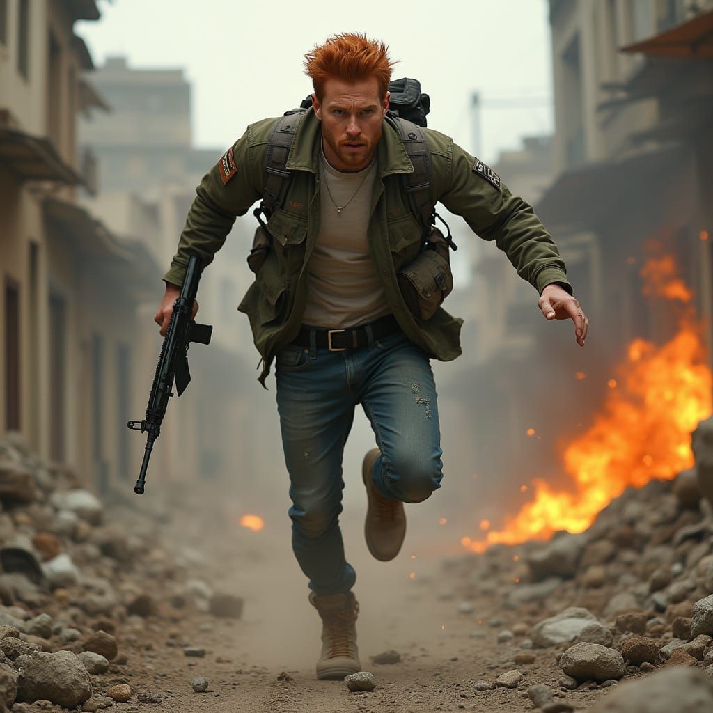 Action Photo Of Red Haired Man Leaping Through Explosion