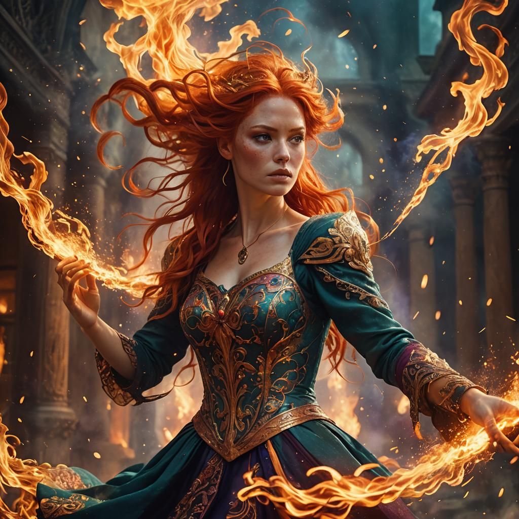 Fiery Haired Woman in Flames: Fantasy Concept Art