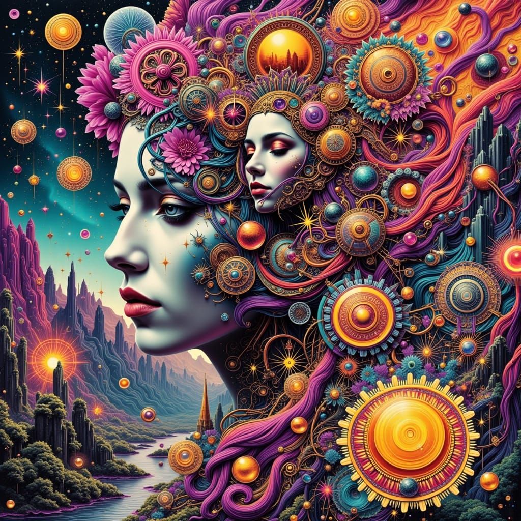 Surreal Woman in Dreamlike Landscape, Abstract Double Exposu...