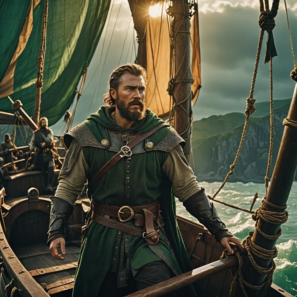 Viking Warrior Sailing Ship with Emerald Banners