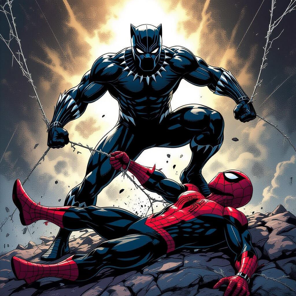 Black Panther Triumphs Over Spiderman in Dramatic Comic Art