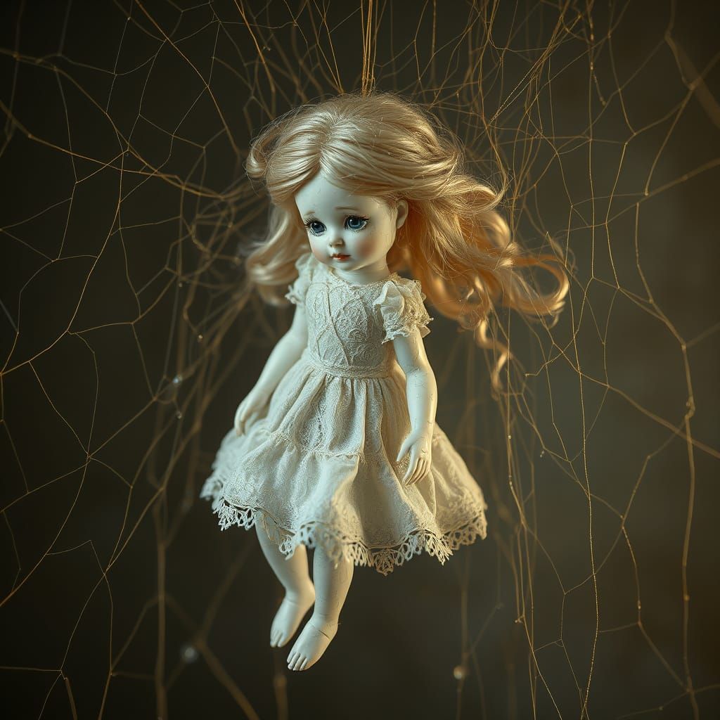 Surrealist Doll Lost in Golden Cobweb