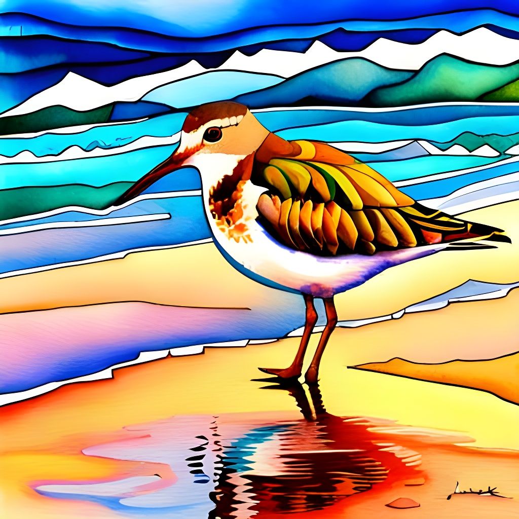 Cubist Sandpiper in Watercolor Patchwork Style