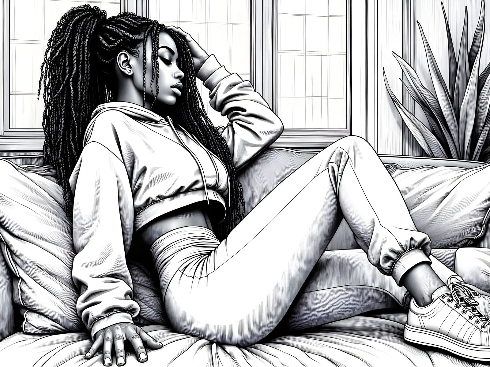 Young Black Woman in Moody Black and White Line Art