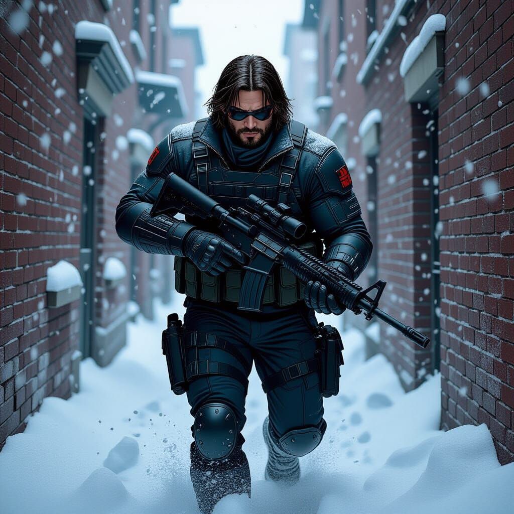 Winter Soldier in Snowy Alleyway, Comic Book Art