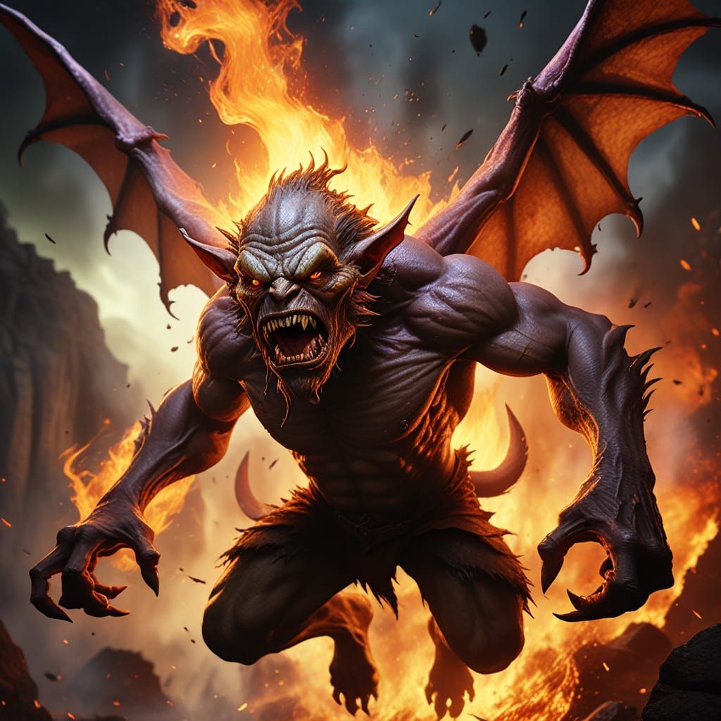Hyperrealistic Demon Goblin in Hellish Flight