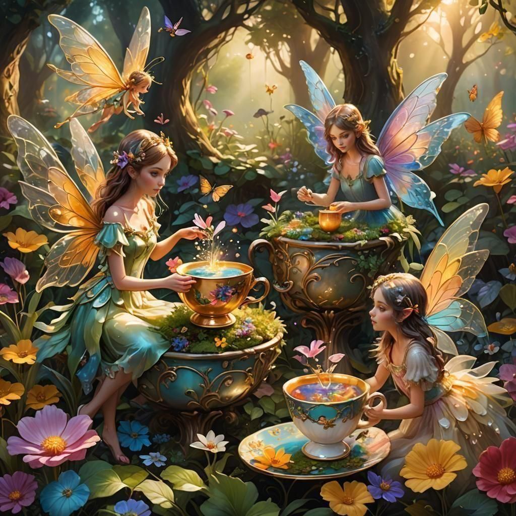 Whimsical Fairies Tend Miniature Teacup Garden