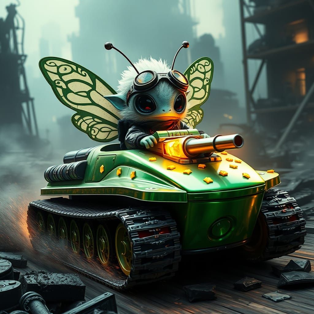 Butterfly Alien Races Cupcake Tank in Ruined Cyberpunk City