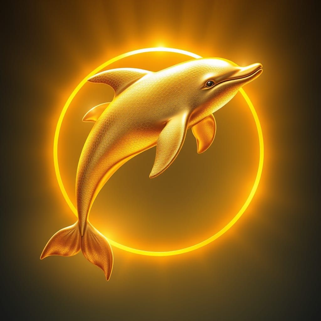 Golden Dolphin Leaps through Radiant Ring in Dreamlike Style