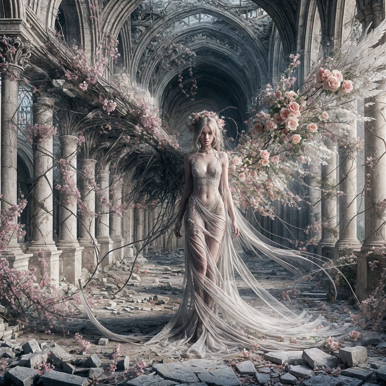 Ethereal Figure in Ruined Hall, Digital Painting Style