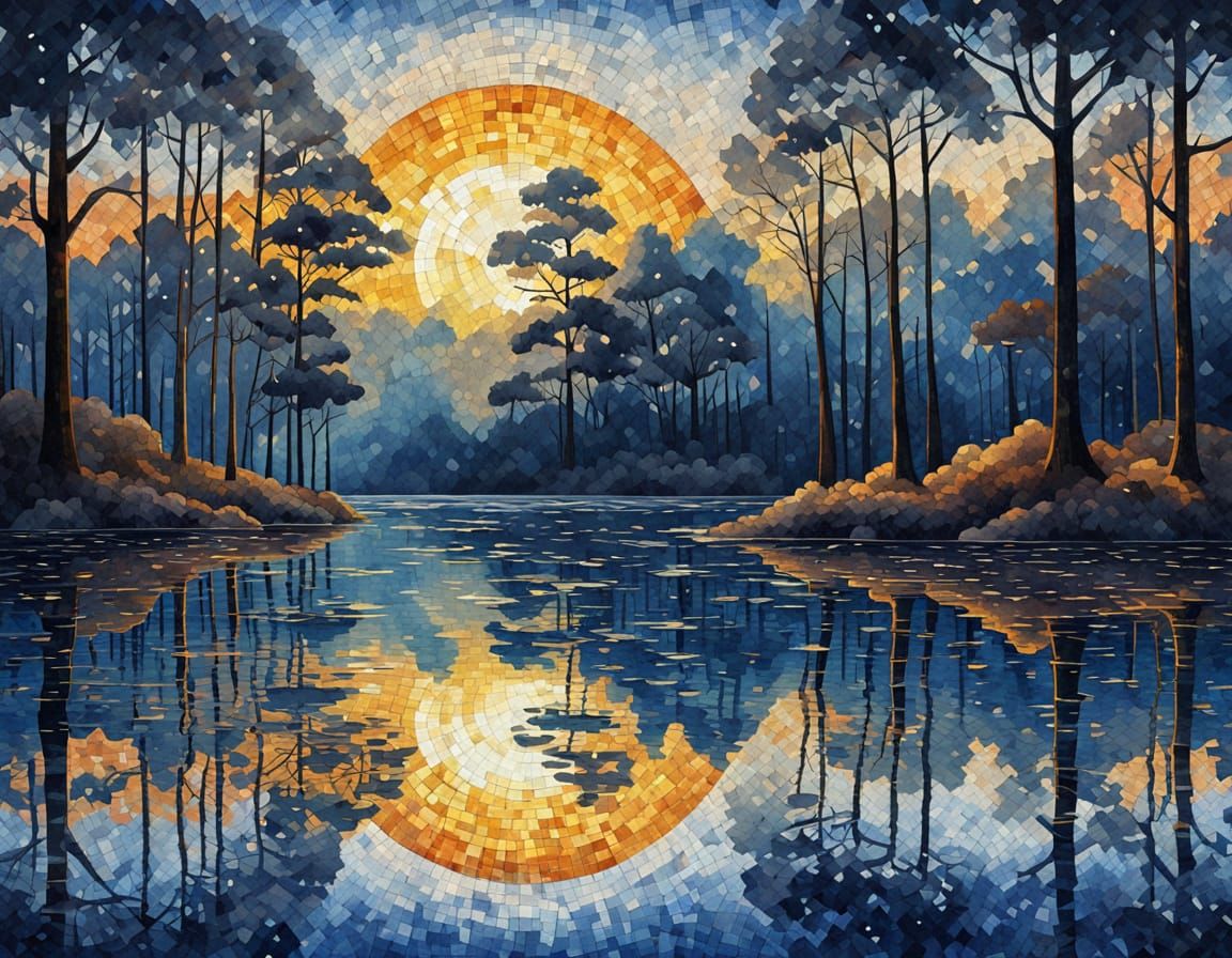 Tranquil Lake Sunrise: Watercolor Mosaic Landscape