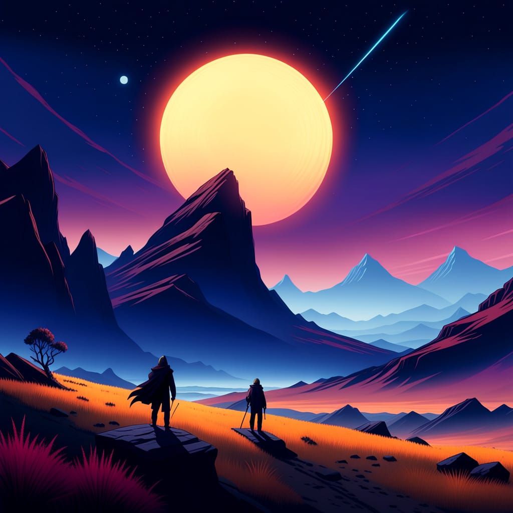 Determined Adventurers Embark on Mystical Quest Under Starry...