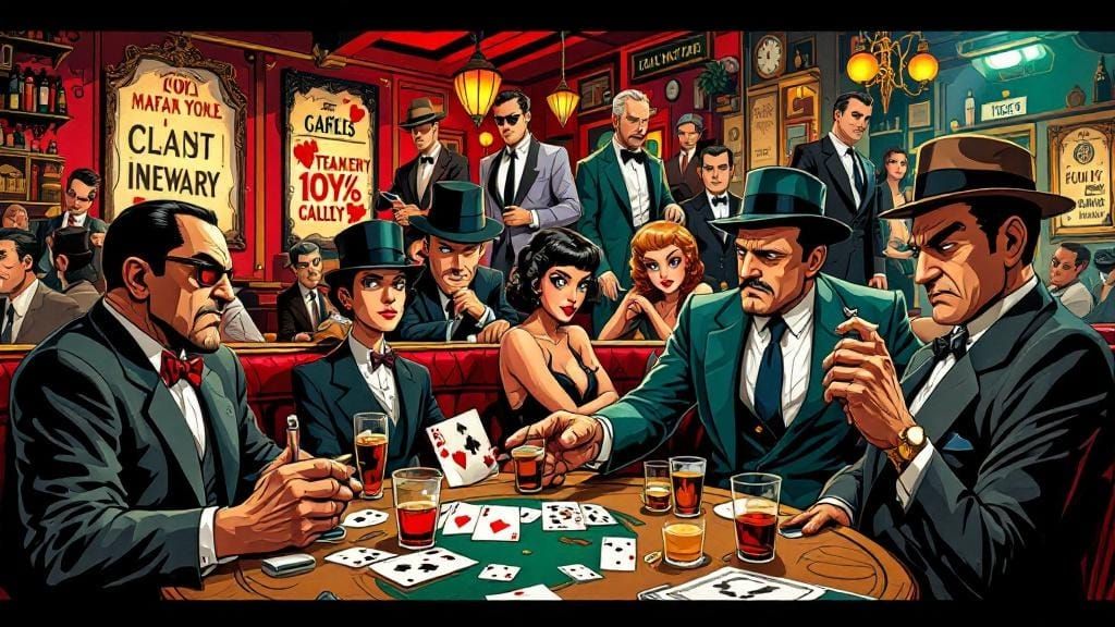 Cartoon Mafia Scene in 1920s Art Deco Style