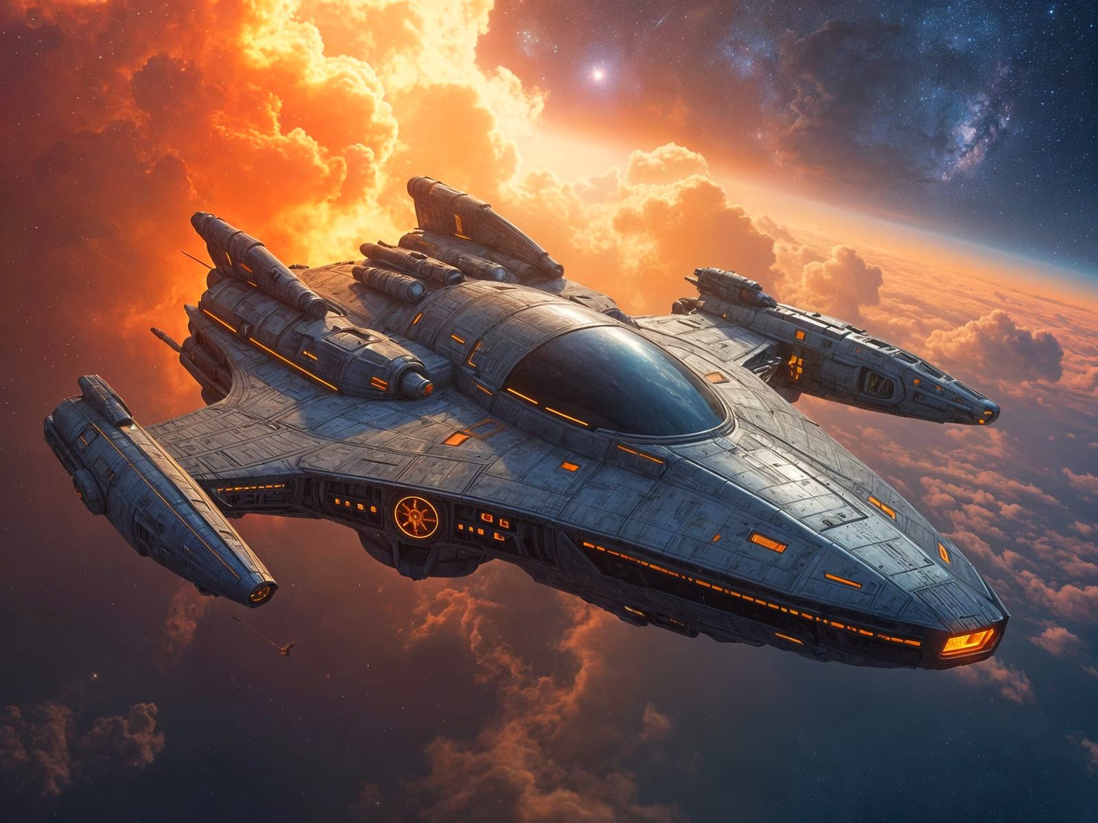 Sleek Starship Argo Soars Through Vibrant Nebula