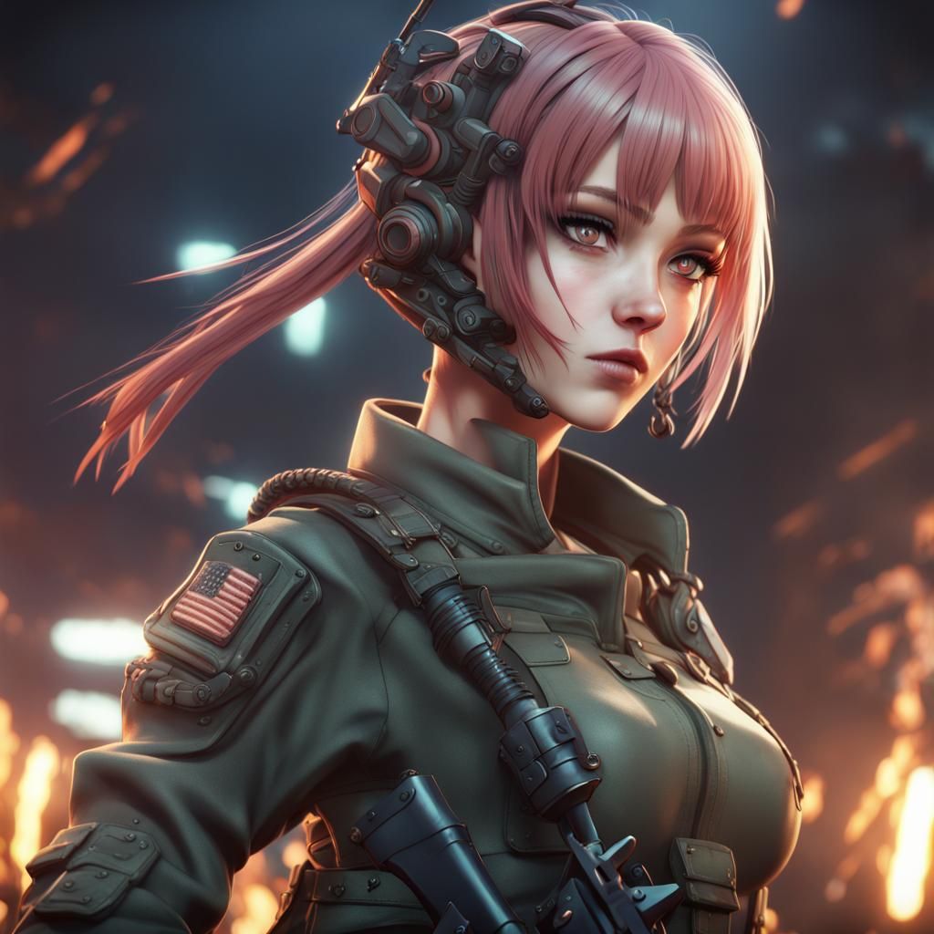 Anime Army Girl with Sidecut Hairstyle