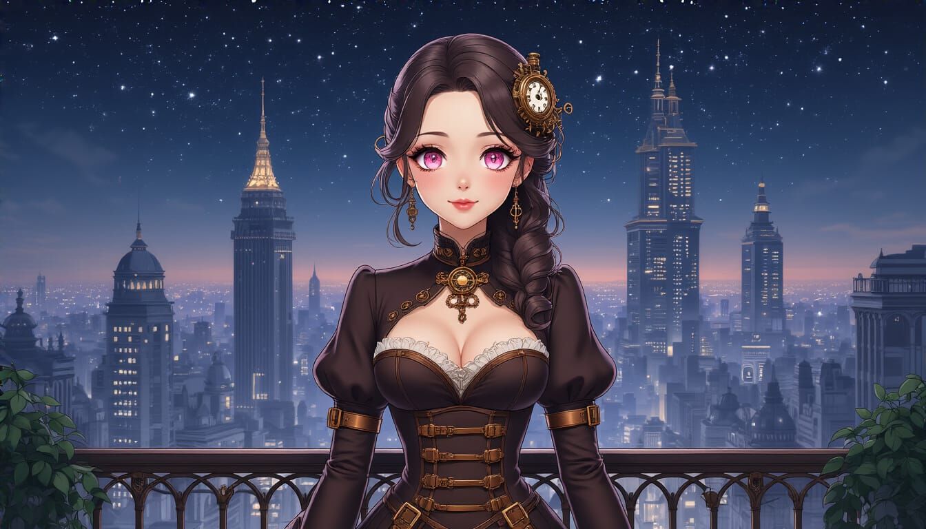 Steampunk Anime Woman on City Balcony
