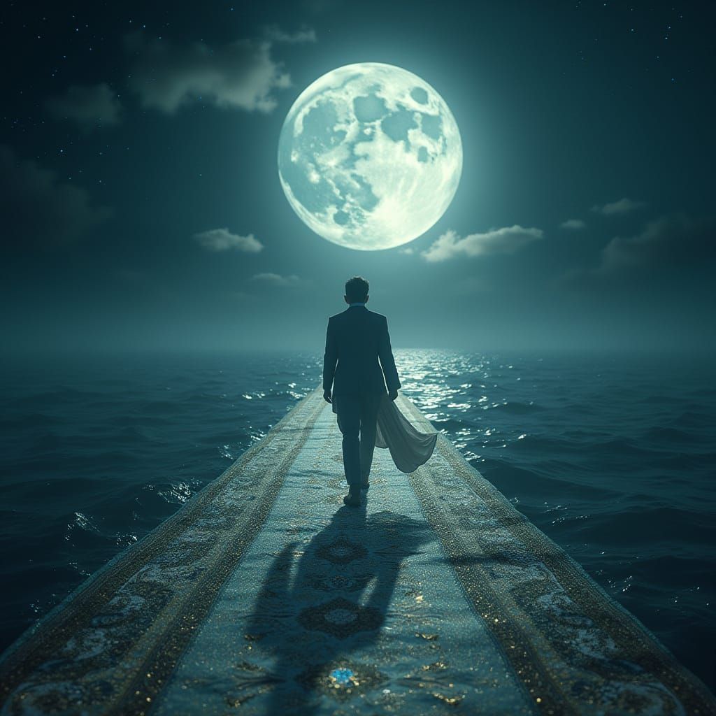 Elegant Man Walks on Majestic Iridescent Carpet towards Radi...