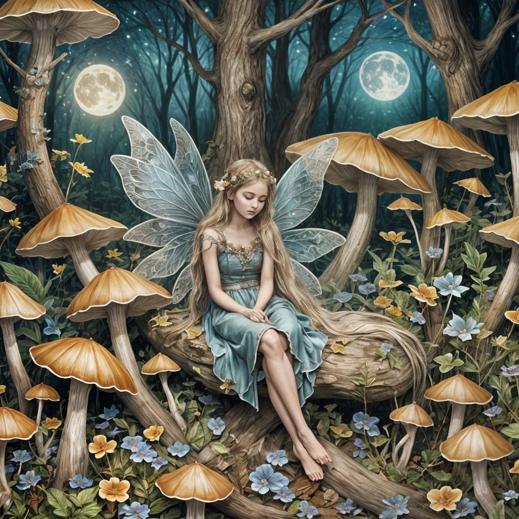 Fairy Asleep on Moon in Dreamy Art Style