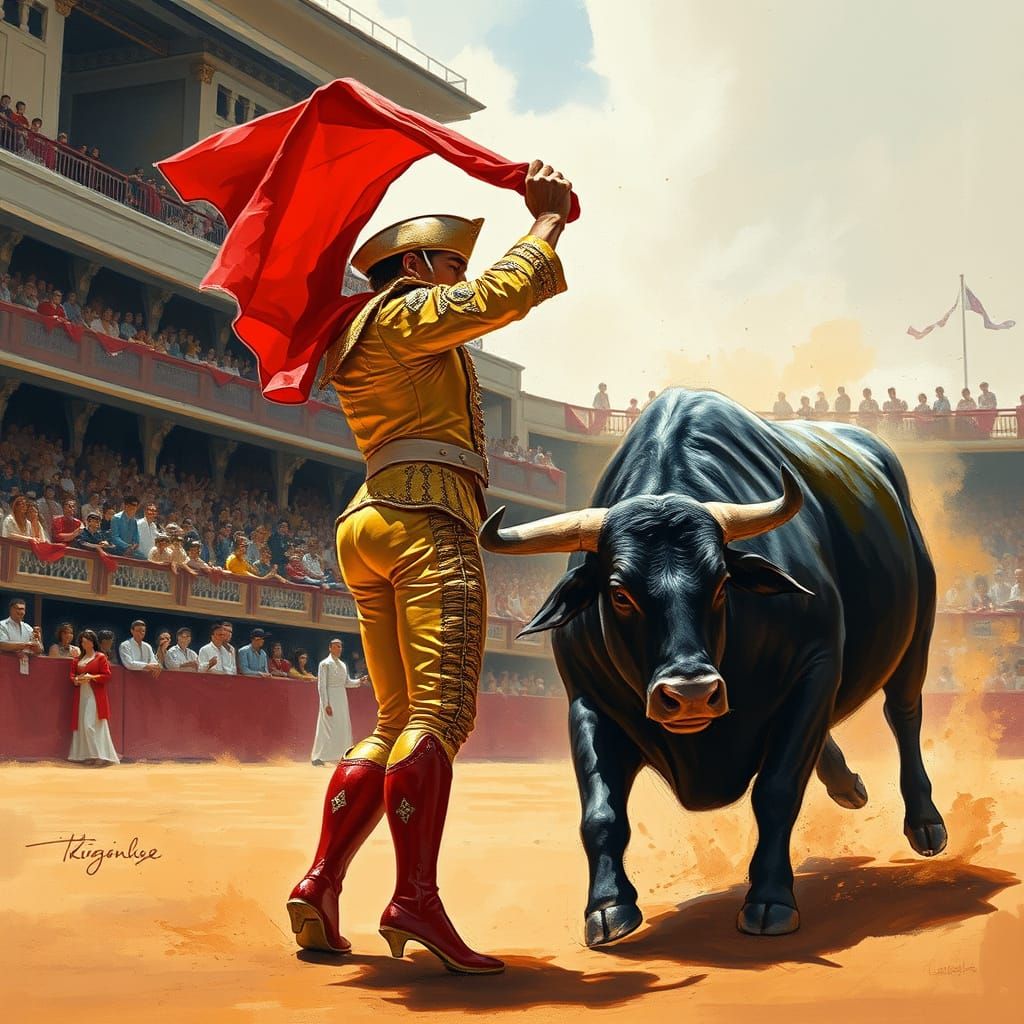 Matador Confronts Raging Bull in Sunlit Arena