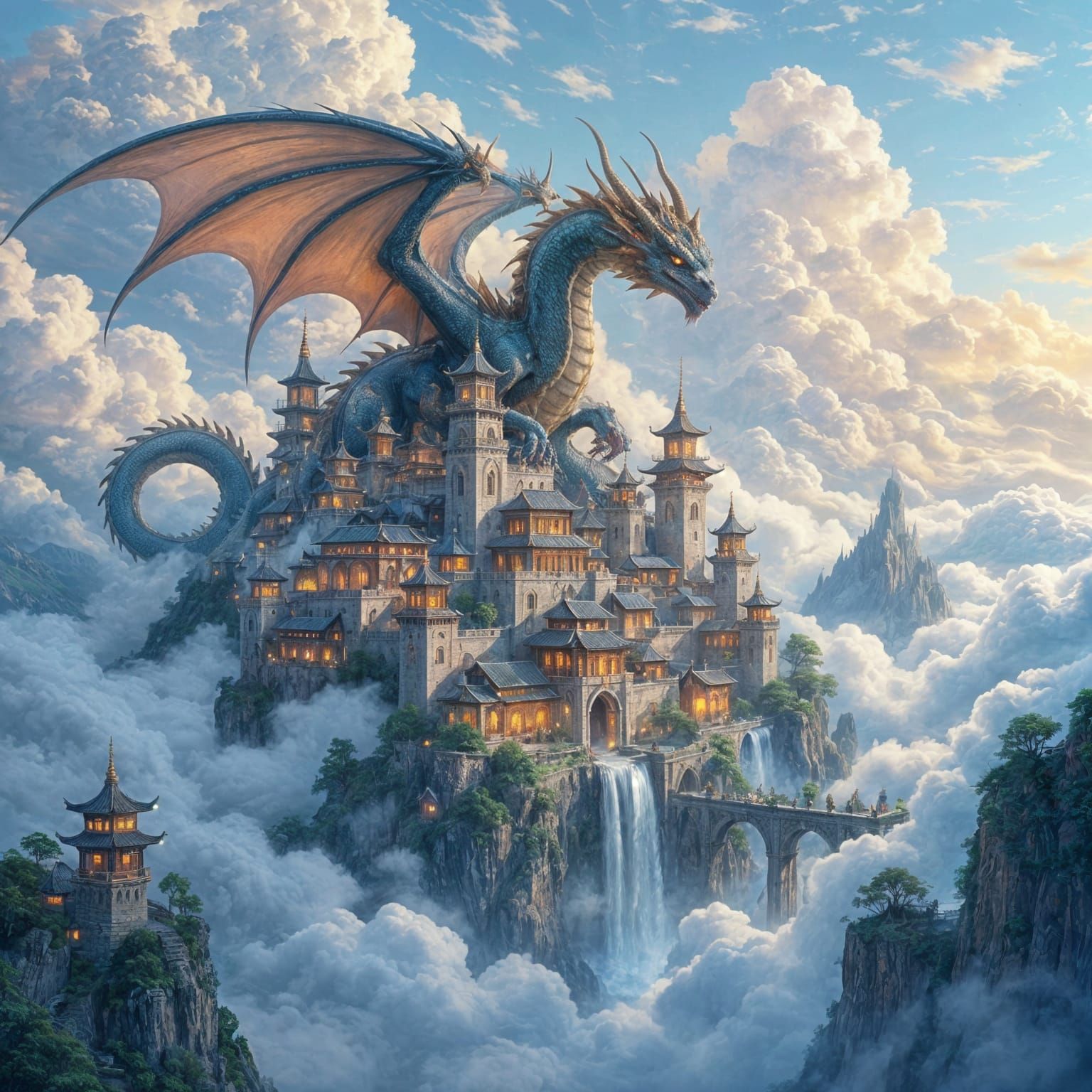 Epic Dragon City in the Sky: Hyperrealistic Fantasy