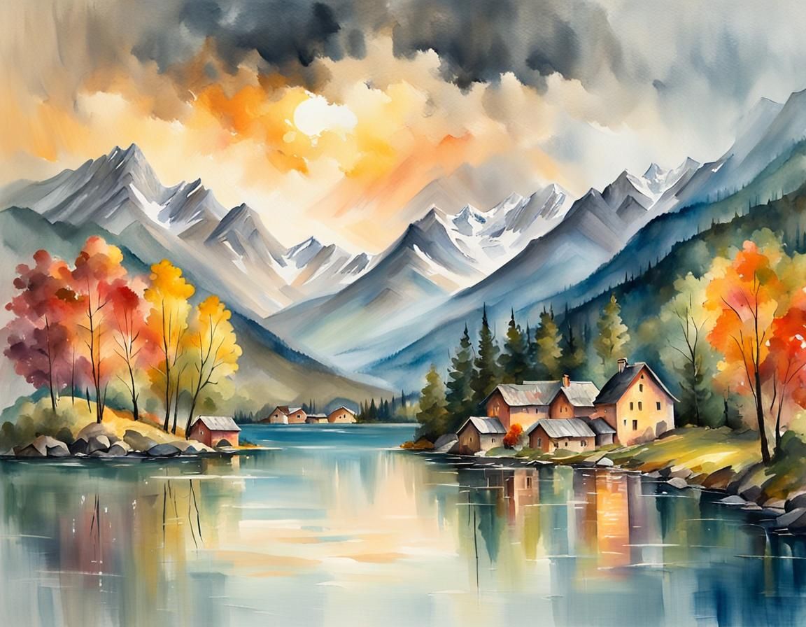 Alpine Village Landscape in Romantic Impasto Style
