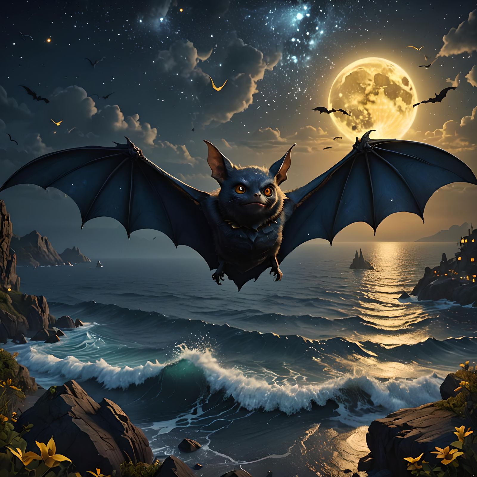Bat Face on Starry Night, Fantasy Concept Art