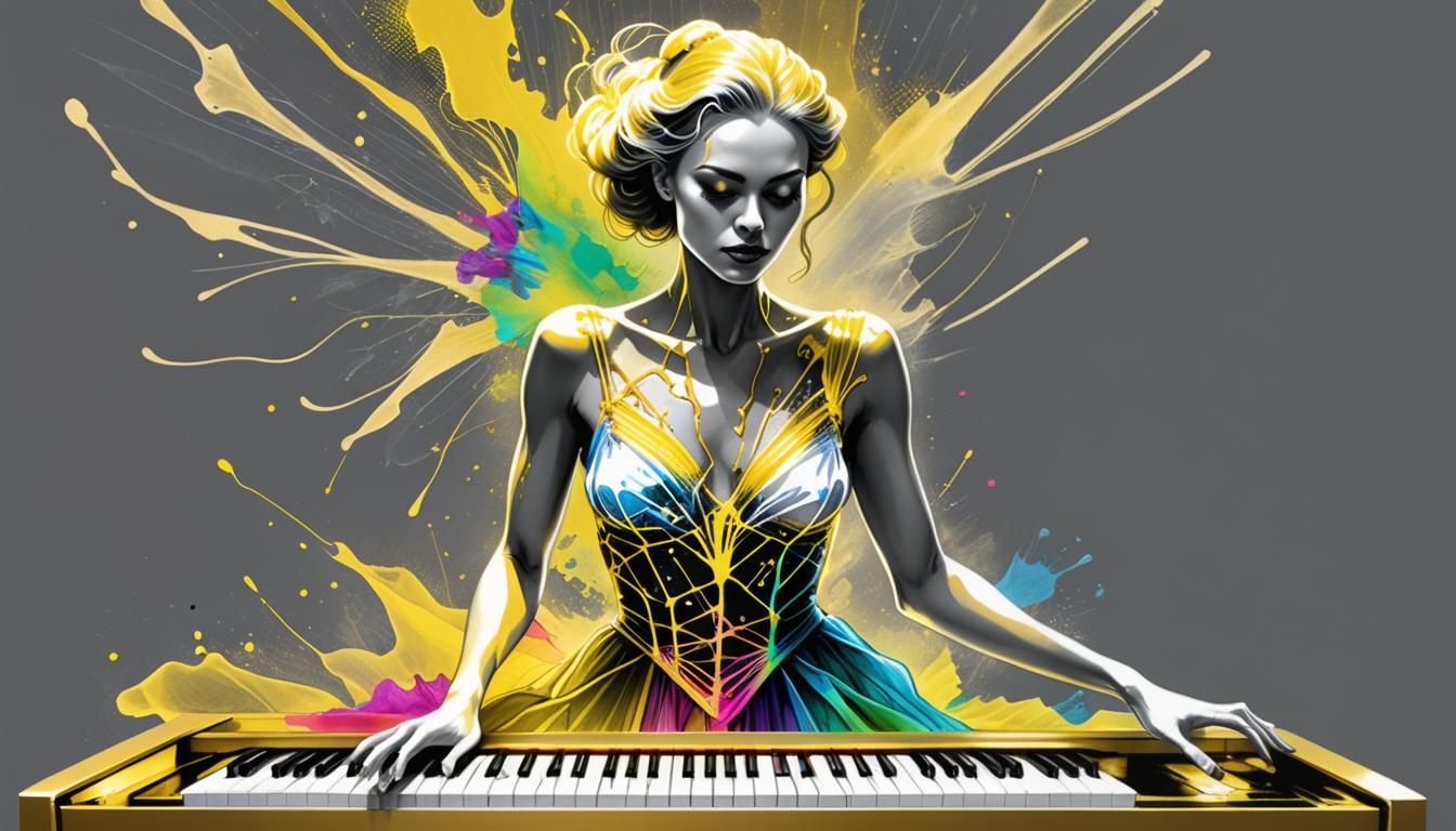 Radioactive Woman Evolving from Piano Keyboard in Alcohol In...