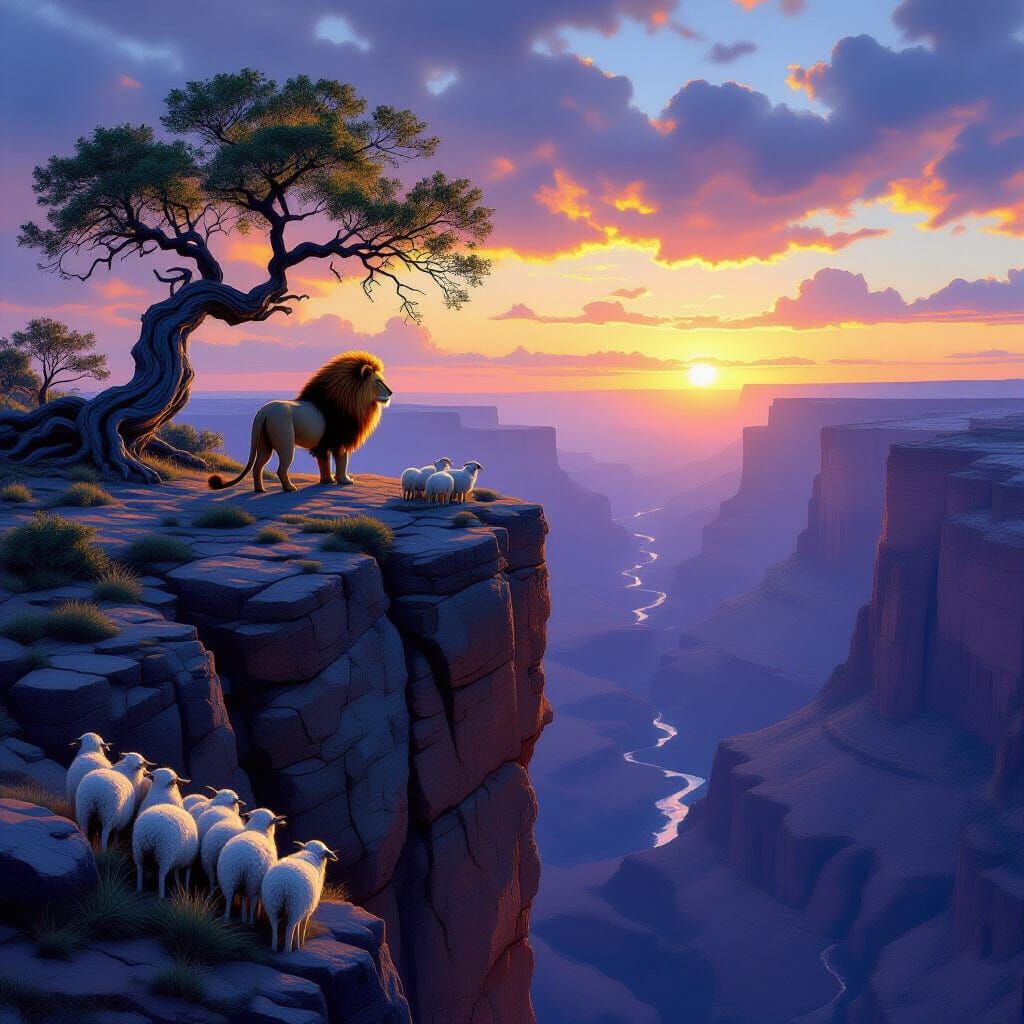Majestic Lion Overlooking Canyon in Matte Painting Style