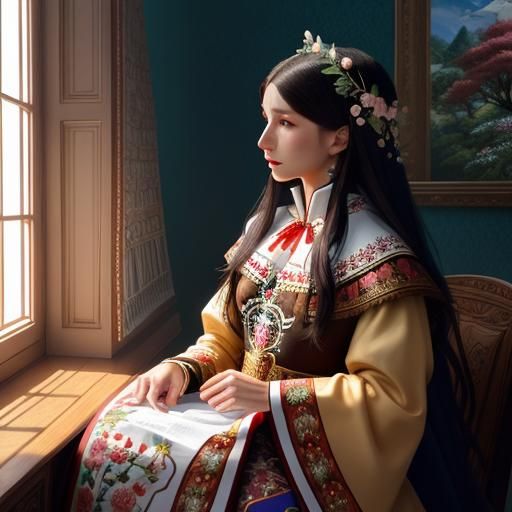 Woman in Serbian Costume with Flora and Fauna