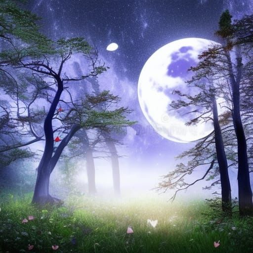 Heart-Shaped Moon in Mystical High Fantasy Forest