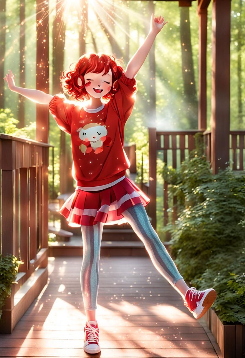 Anime Girl with Red Hair on Cottage Patio