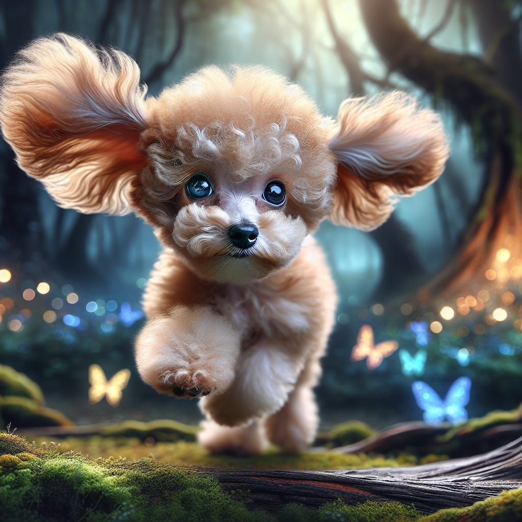 Adorable Poodle Puppy Leaping in a Magical Forest