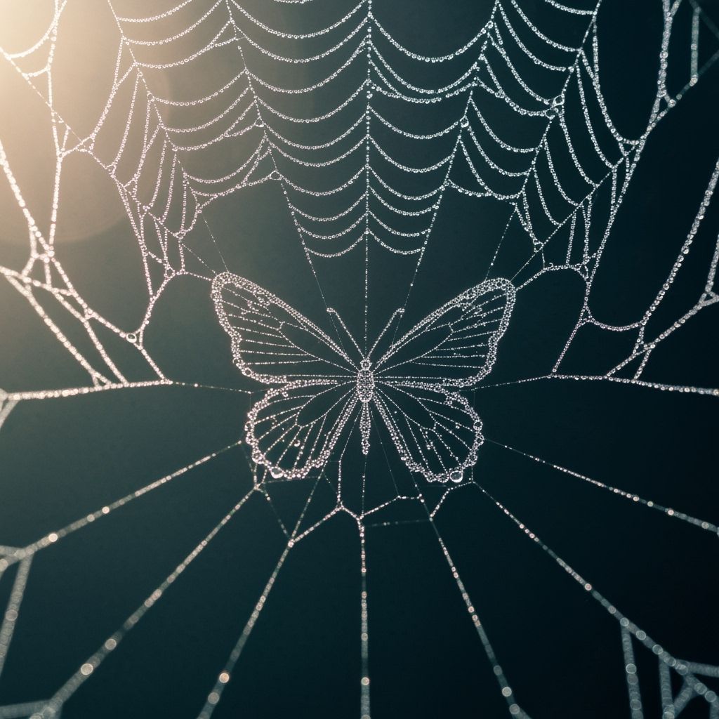 Spiderweb Artistry Forms Butterfly Shape with Dewdrops
